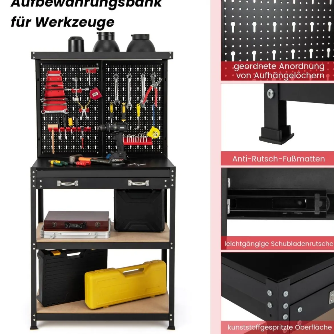 Werkbank Werkzeugbank mit Lochwand Werktisch mit Schublade 81 x 41 x 155 cm Schwarz + Rot