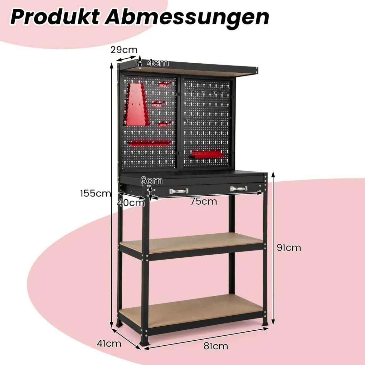 Werkbank Werkzeugbank mit Lochwand Werktisch mit Schublade 81 x 41 x 155 cm Schwarz + Rot