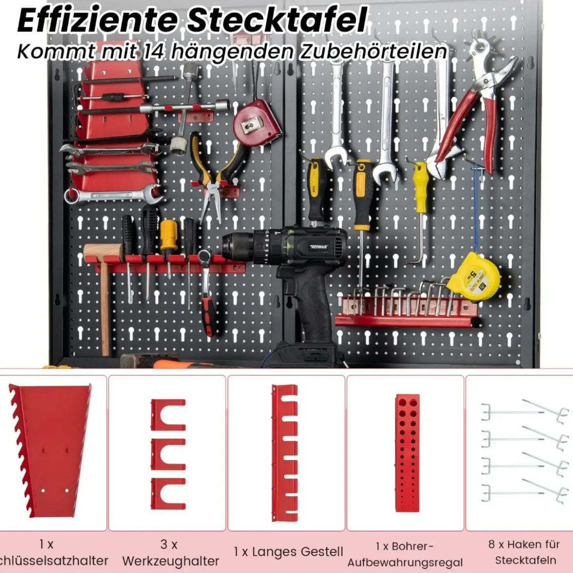 Werkbank Werkzeugbank mit Lochwand Werktisch mit Schublade 81 x 41 x 155 cm Schwarz + Rot
