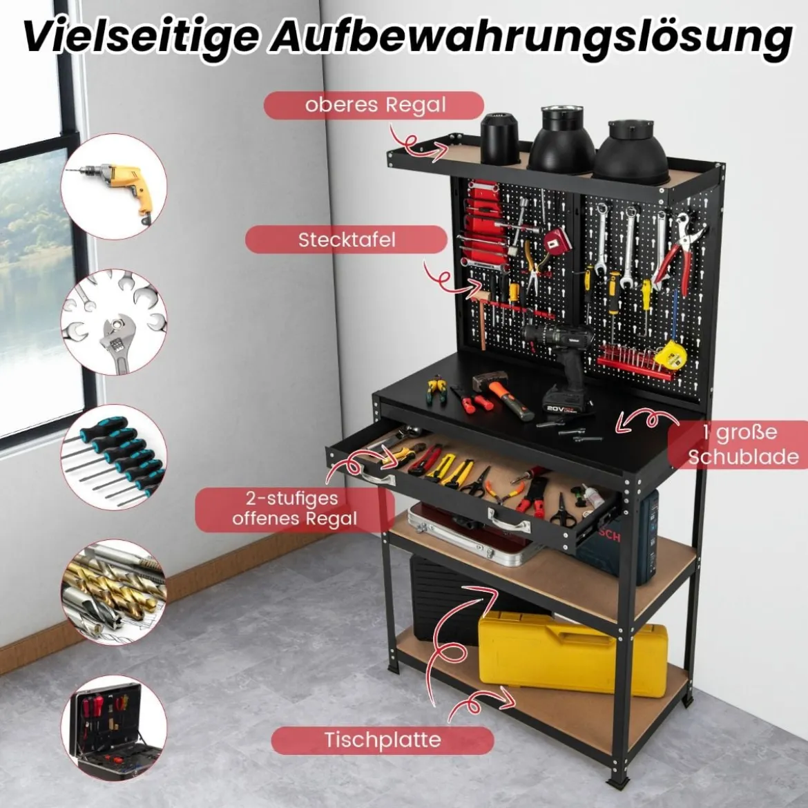 Werkbank Werkzeugbank mit Lochwand Werktisch mit Schublade 81 x 41 x 155 cm Schwarz + Rot