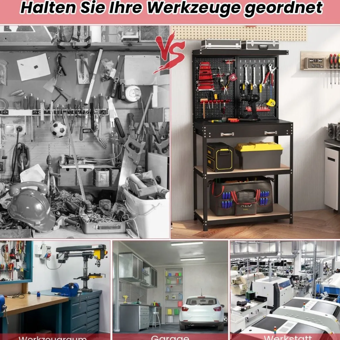 Werkbank Werkzeugbank mit Lochwand Werktisch mit Schublade 81 x 41 x 155 cm Schwarz + Rot