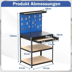 Werkbank 81 x 41 cm 225 kg Tragkraft Arbeitstisch mit Lochwand & Schubladen & regalen Schwarz/Navy