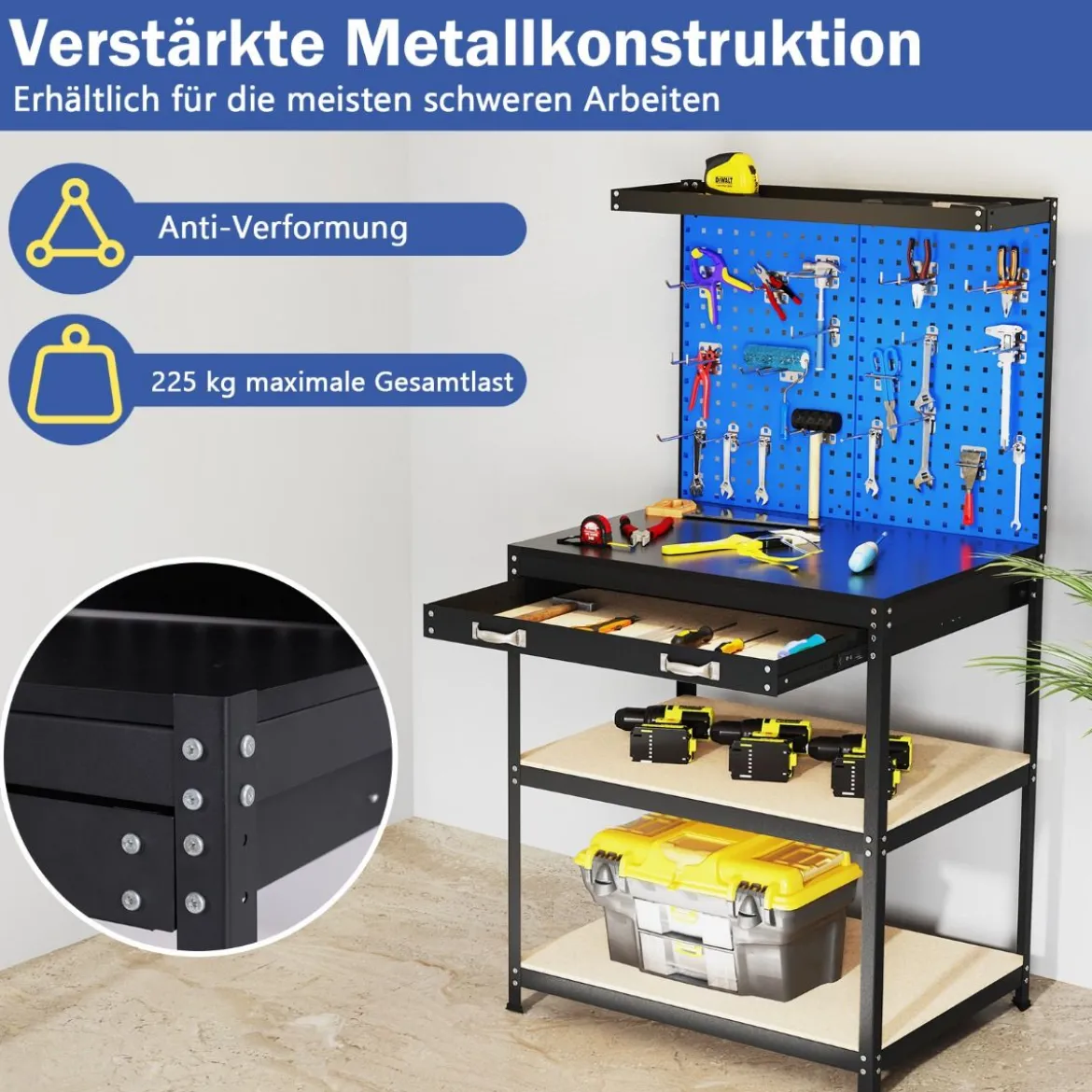 Werkbank 81 x 41 cm 225 kg Tragkraft Arbeitstisch mit Lochwand & Schubladen & regalen Schwarz/Navy