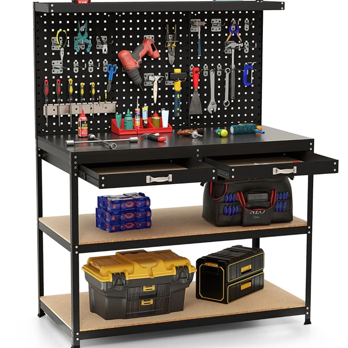 Werkbank 121 x 61 cm 230 kg Tragkraft Arbeitstisch mit Lochwand Werktisch Werkzeugbank Schwarz/Blau