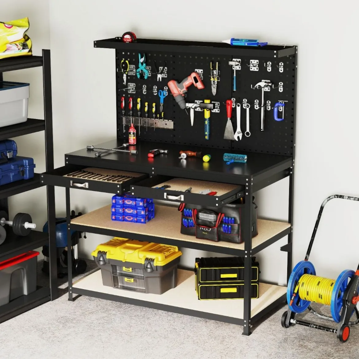 Werkbank 121 x 61 cm 230 kg Tragkraft Arbeitstisch mit Lochwand Werktisch Werkzeugbank Schwarz/Blau
