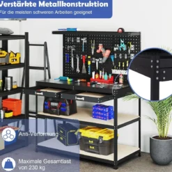 Werkbank 121 x 61 cm 230 kg Tragkraft Arbeitstisch mit Lochwand Werktisch Werkzeugbank Schwarz/Blau