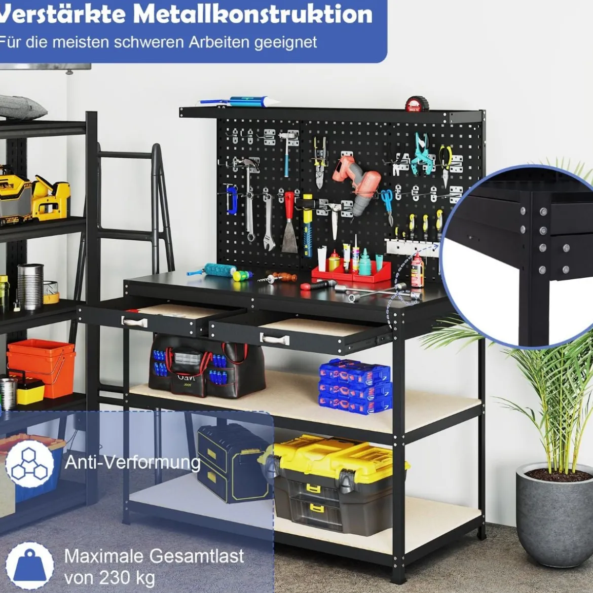 Werkbank 121 x 61 cm 230 kg Tragkraft Arbeitstisch mit Lochwand Werktisch Werkzeugbank Schwarz/Blau