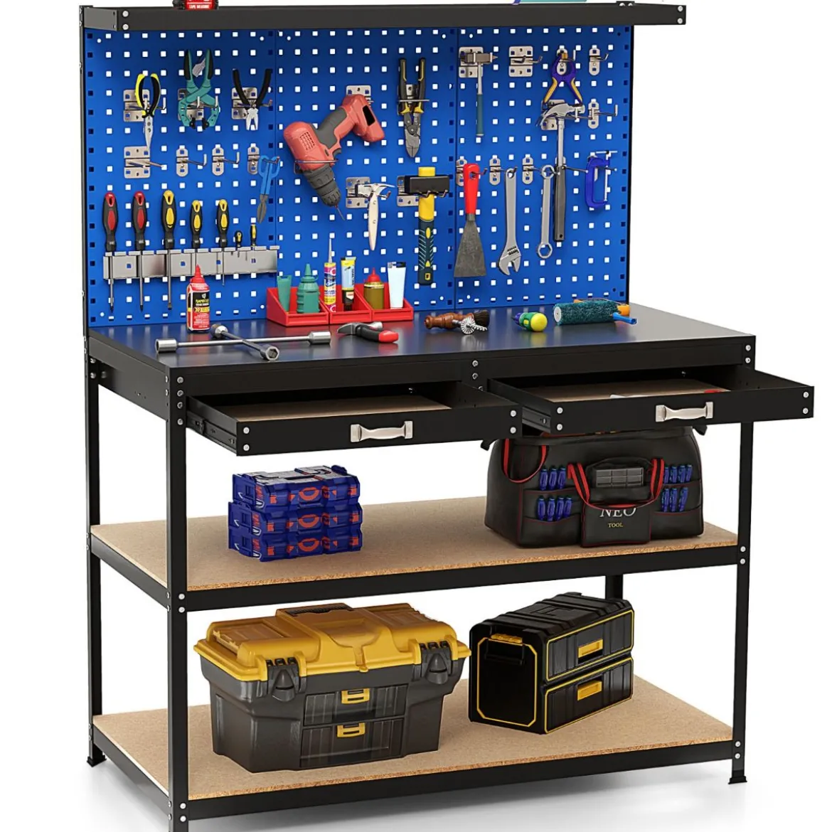 Werkbank 121 x 61 cm 230 kg Tragkraft Arbeitstisch mit Lochwand Werktisch Werkzeugbank Schwarz/Blau