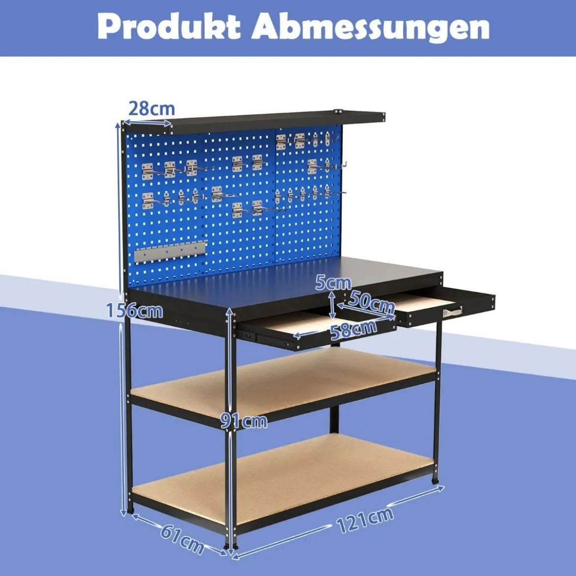 Werkbank 121 x 61 cm 230 kg Tragkraft Arbeitstisch mit Lochwand Werktisch Werkzeugbank Schwarz/Blau