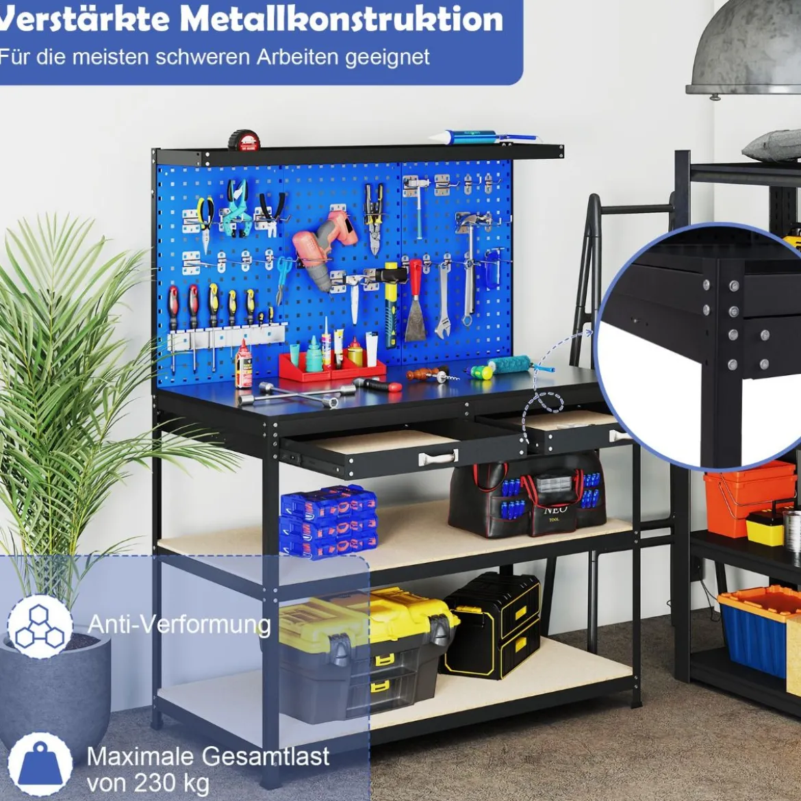 Werkbank 121 x 61 cm 230 kg Tragkraft Arbeitstisch mit Lochwand Werktisch Werkzeugbank Schwarz/Blau