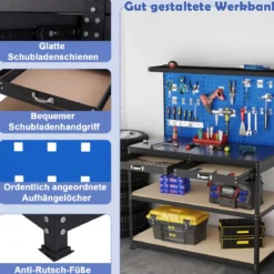 Werkbank 121 x 61 cm 230 kg Tragkraft Arbeitstisch mit Lochwand Werktisch Werkzeugbank Schwarz/Blau