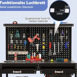 Werkbank 121 x 61 cm 230 kg Tragkraft Arbeitstisch mit Lochwand Werktisch Werkzeugbank Schwarz/Blau