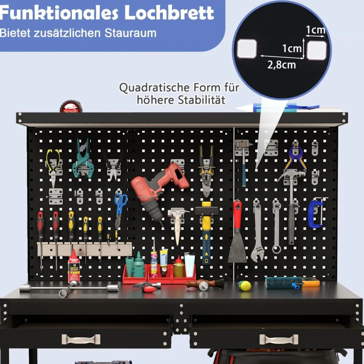 Werkbank 121 x 61 cm 230 kg Tragkraft Arbeitstisch mit Lochwand Werktisch Werkzeugbank Schwarz/Blau