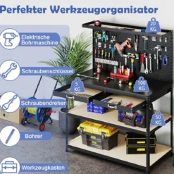 Werkbank 121 x 61 cm 230 kg Tragkraft Arbeitstisch mit Lochwand Werktisch Werkzeugbank Schwarz/Blau