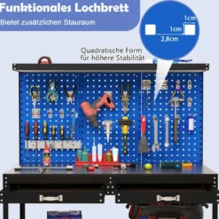 Werkbank 121 x 61 cm 230 kg Tragkraft Arbeitstisch mit Lochwand Werktisch Werkzeugbank Schwarz/Blau