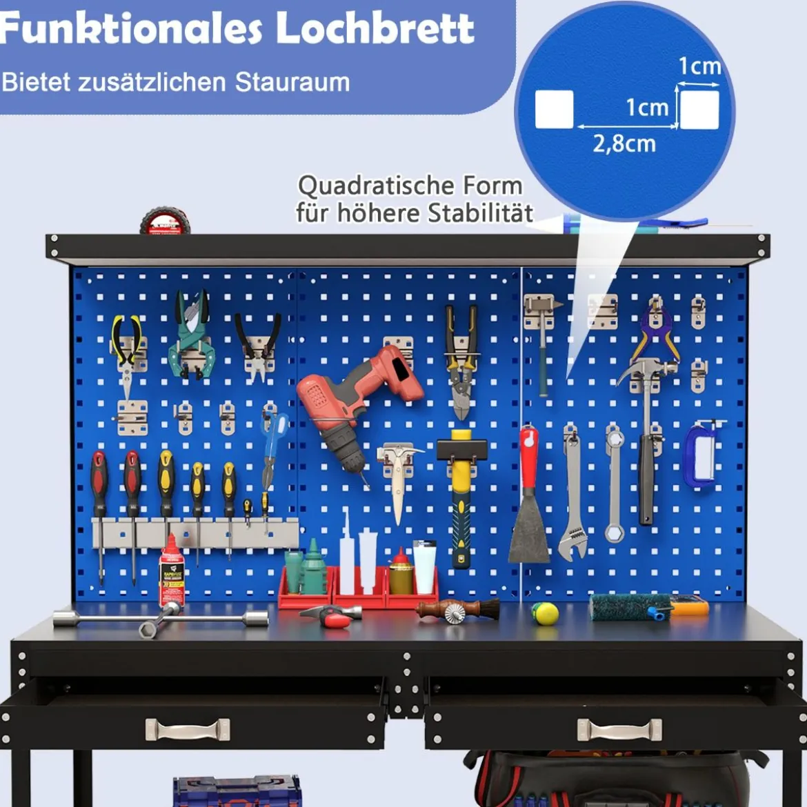 Werkbank 121 x 61 cm 230 kg Tragkraft Arbeitstisch mit Lochwand Werktisch Werkzeugbank Schwarz/Blau
