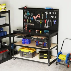 Werkbank 121 x 61 cm 230 kg Tragkraft Arbeitstisch mit Lochwand Werktisch Werkzeugbank Schwarz/Blau