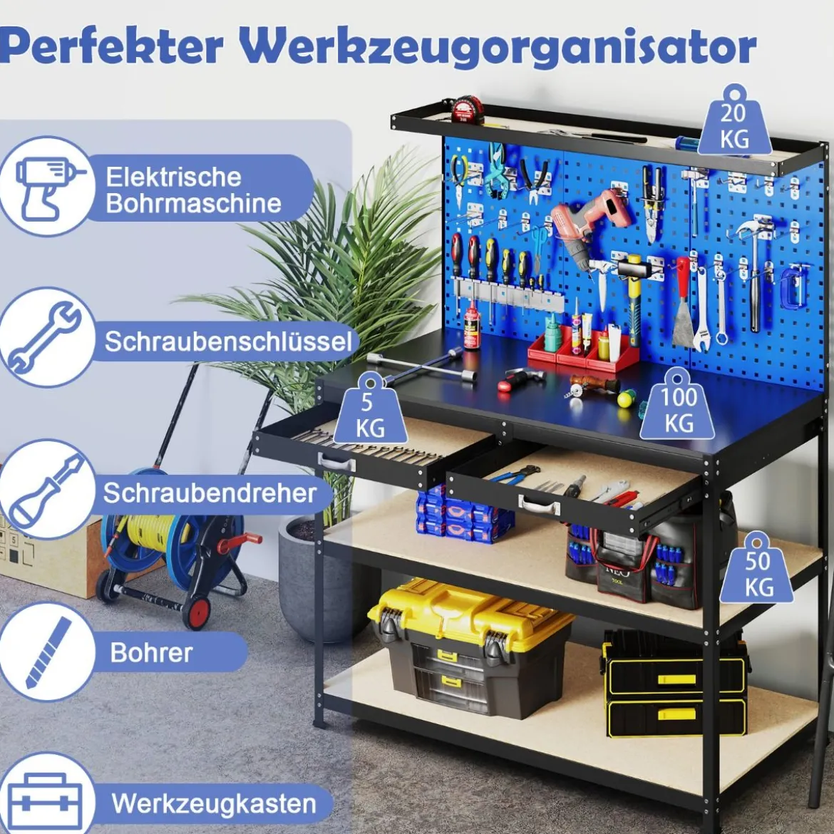 Werkbank 121 x 61 cm 230 kg Tragkraft Arbeitstisch mit Lochwand Werktisch Werkzeugbank Schwarz/Blau