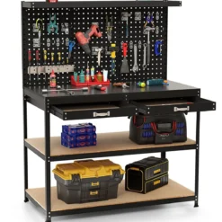 Werkbank 121 x 61 cm 230 kg Tragkraft Arbeitstisch mit Lochwand Werktisch Werkzeugbank Schwarz/Blau