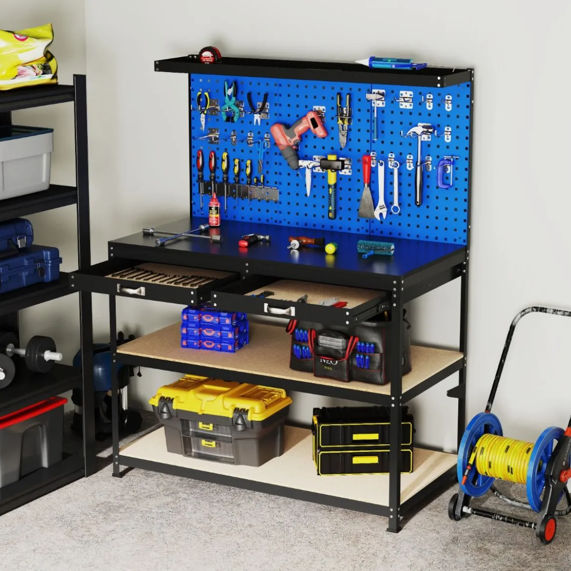Werkbank 121 x 61 cm 230 kg Tragkraft Arbeitstisch mit Lochwand Werktisch Werkzeugbank Schwarz/Blau