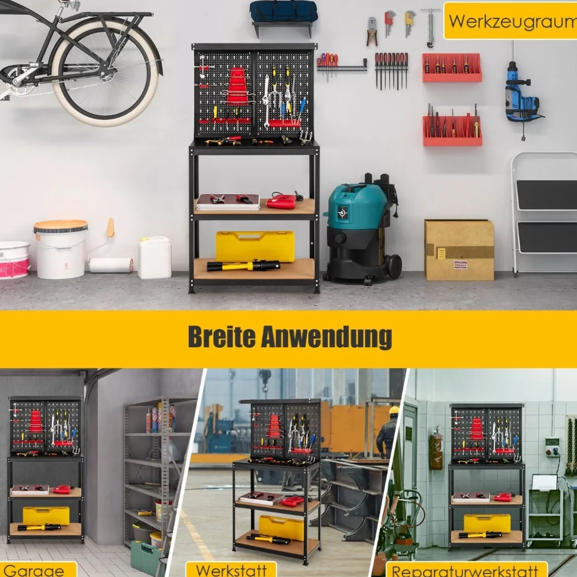 Werkbank zur Werkzeugaufbewahrung mit Steckbrett & 2 Unteren Ablagen 81 x 41 x 155 cm