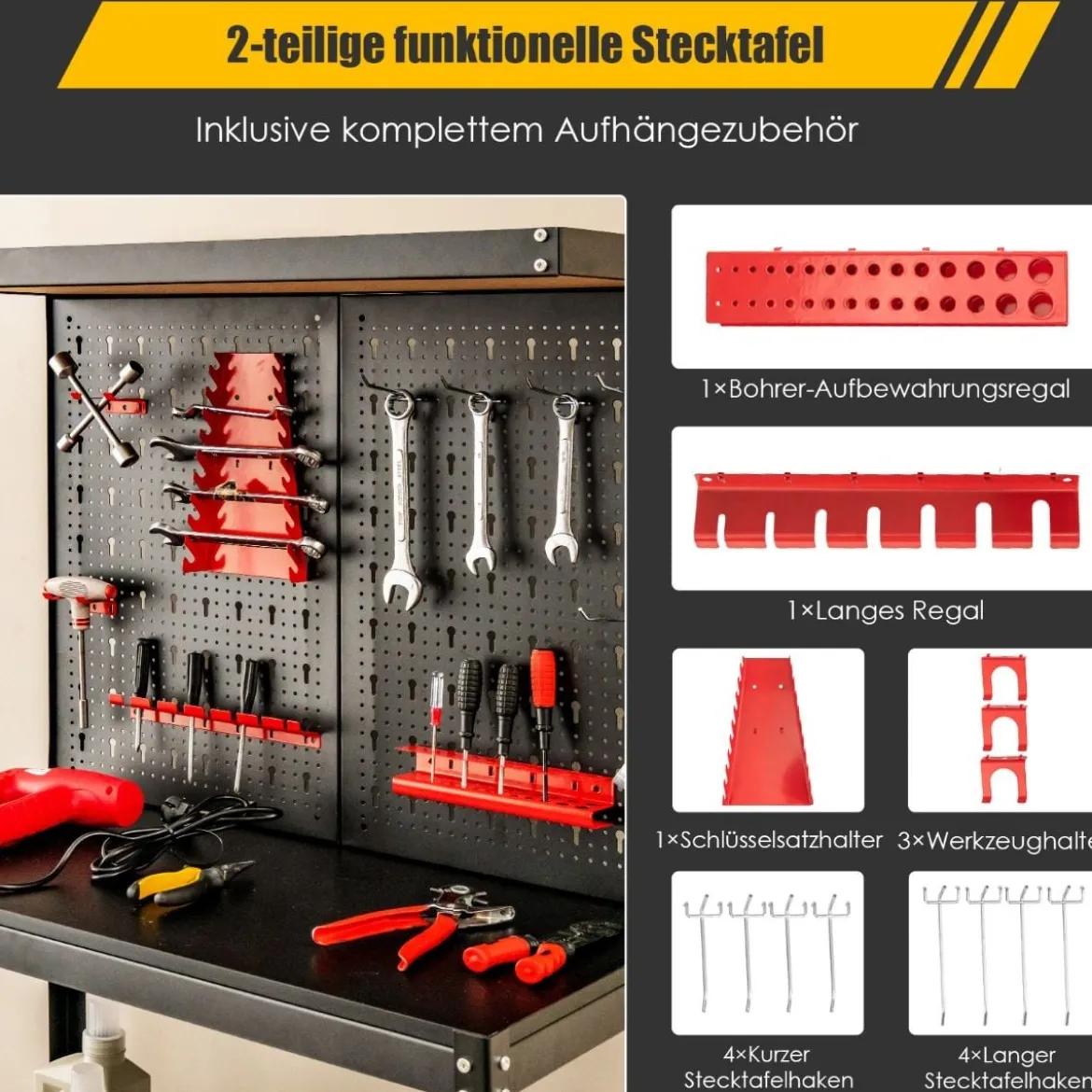 Werkbank zur Werkzeugaufbewahrung mit Steckbrett & 2 Unteren Ablagen 81 x 41 x 155 cm
