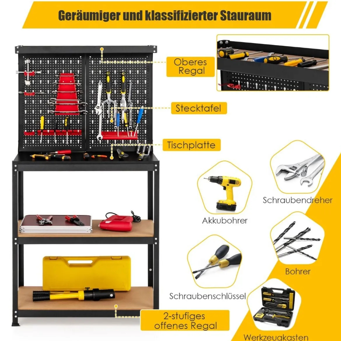 Werkbank zur Werkzeugaufbewahrung mit Steckbrett & 2 Unteren Ablagen 81 x 41 x 155 cm