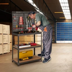 Werkbank zur Werkzeugaufbewahrung mit Steckbrett & 2 Unteren Ablagen 81 x 41 x 155 cm