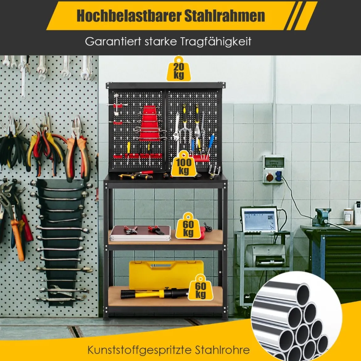 Werkbank zur Werkzeugaufbewahrung mit Steckbrett & 2 Unteren Ablagen 81 x 41 x 155 cm