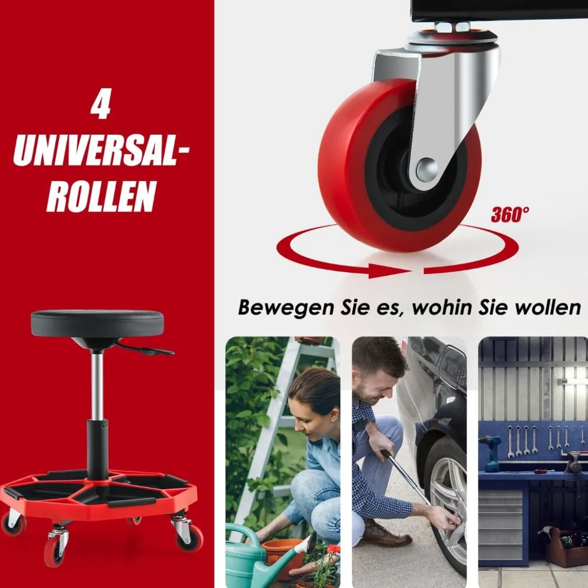 Werkstatt Rollsitz mit Ablage & 4 Universalrollen 150 kg Belastbar Höhenverstellbar Rot + Schwarz