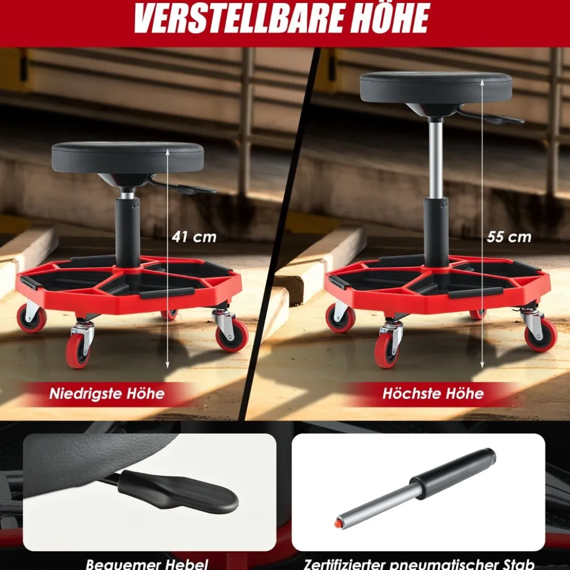 Werkstatt Rollsitz mit Ablage & 4 Universalrollen 150 kg Belastbar Höhenverstellbar Rot + Schwarz