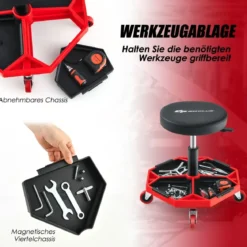 Werkstatt Rollsitz mit Ablage & 4 Universalrollen 150 kg Belastbar Höhenverstellbar Rot + Schwarz