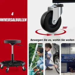Werkstatt Rollsitz mit Ablage & 4 Universalrollen 150 kg Belastbar Höhenverstellbar Schwarz