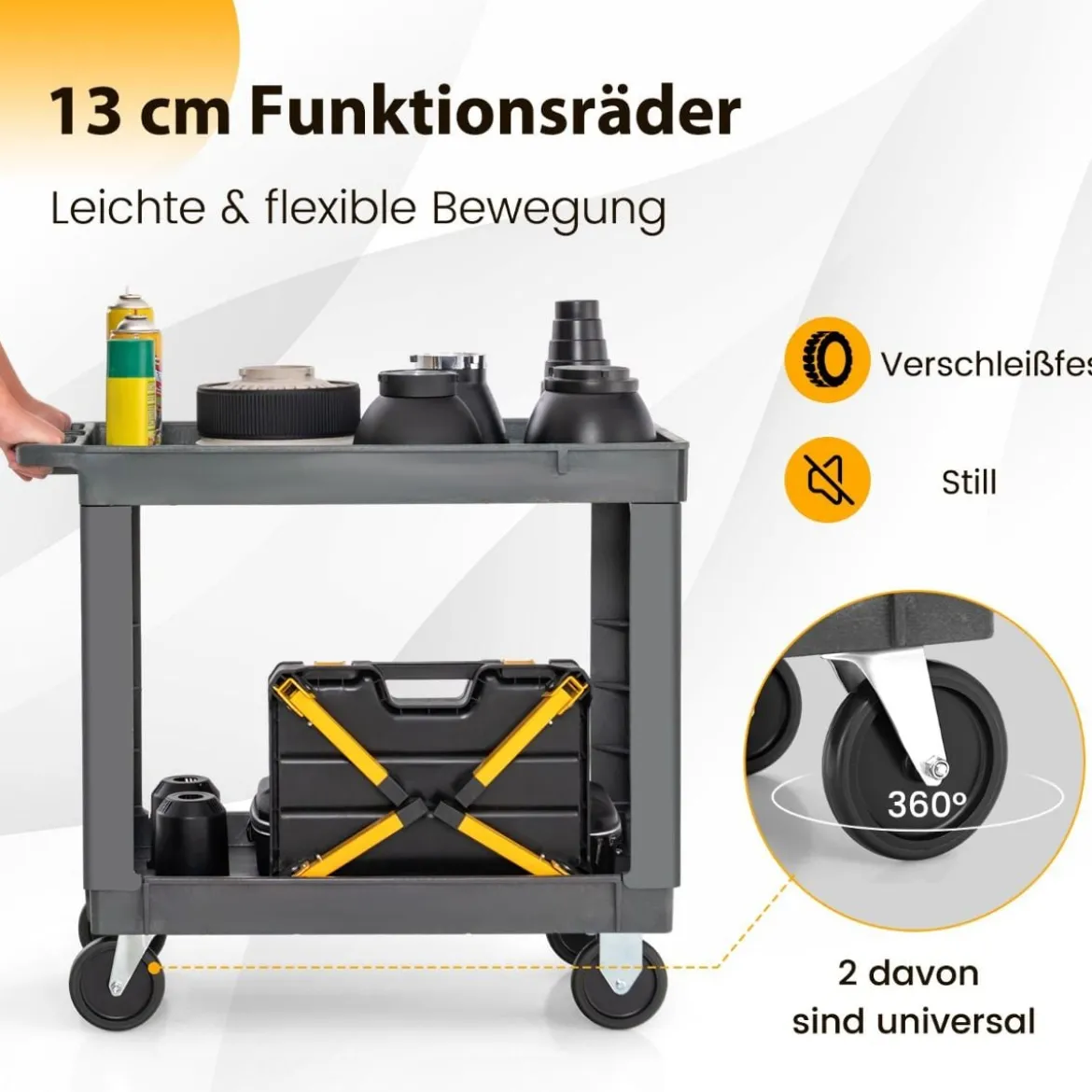 Werkstatt-Rollwagen 2 Etagen Werkstattwagen Kunststoff mit Griff Montagewagen Servicewagen Grau