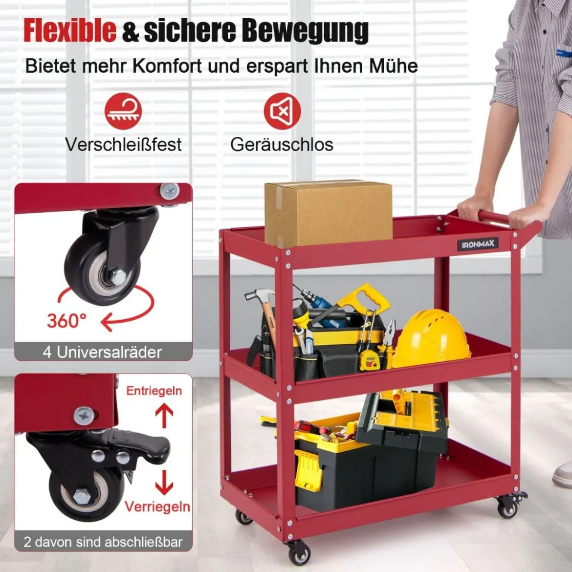 Werkstatt-Rollwagen 3 Etagen Werkstattwagen mit 4 Universalrädern & Griff 73 x 36 x 75 cm Rot