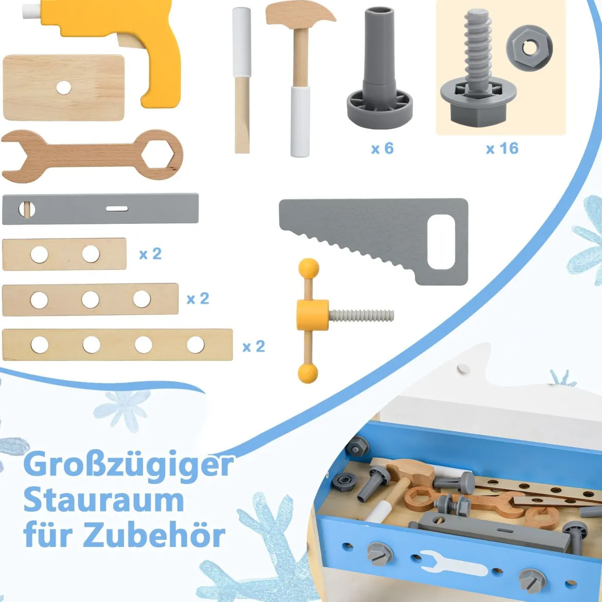 Werkzeugbank für Kinder hölzernes Werkbank-Spielset zum Rollenspiel mit Stecktafel Kreidetafel und Ablageregal