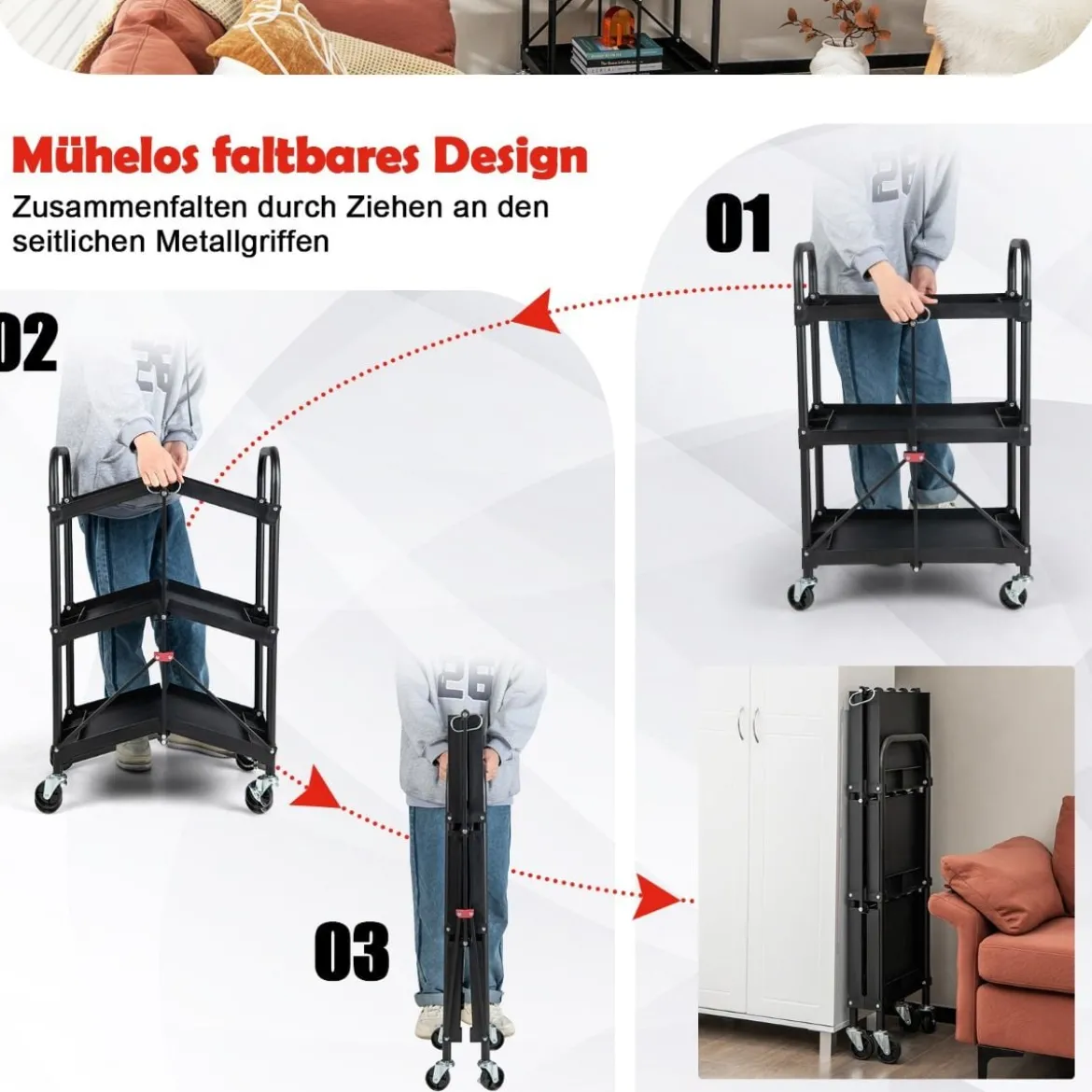 Werkzeugwagen 3 Etagen Klappbarer Rollwagen auf Rollen 61 x 44 x 96 cm Schwarz
