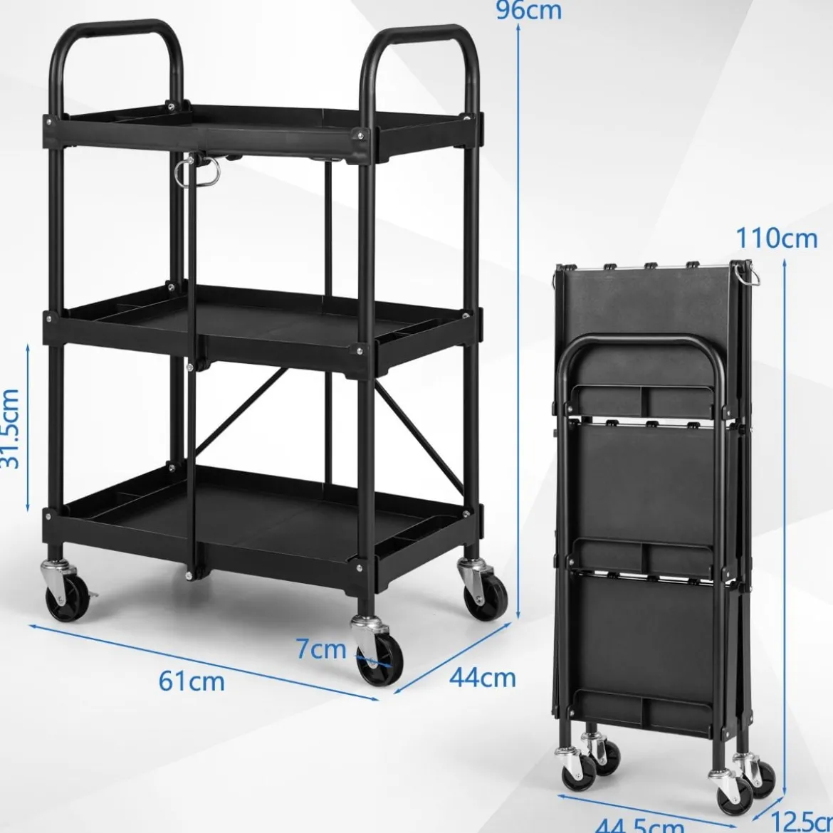 Werkzeugwagen 3 Etagen Klappbarer Rollwagen auf Rollen 61 x 44 x 96 cm Schwarz