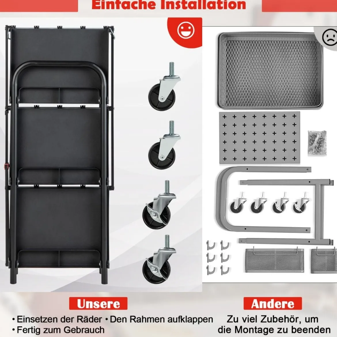 Werkzeugwagen 3 Etagen Klappbarer Rollwagen auf Rollen 61 x 44 x 96 cm Schwarz