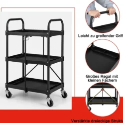 Werkzeugwagen 3 Etagen Klappbarer Rollwagen auf Rollen 61 x 44 x 96 cm Schwarz