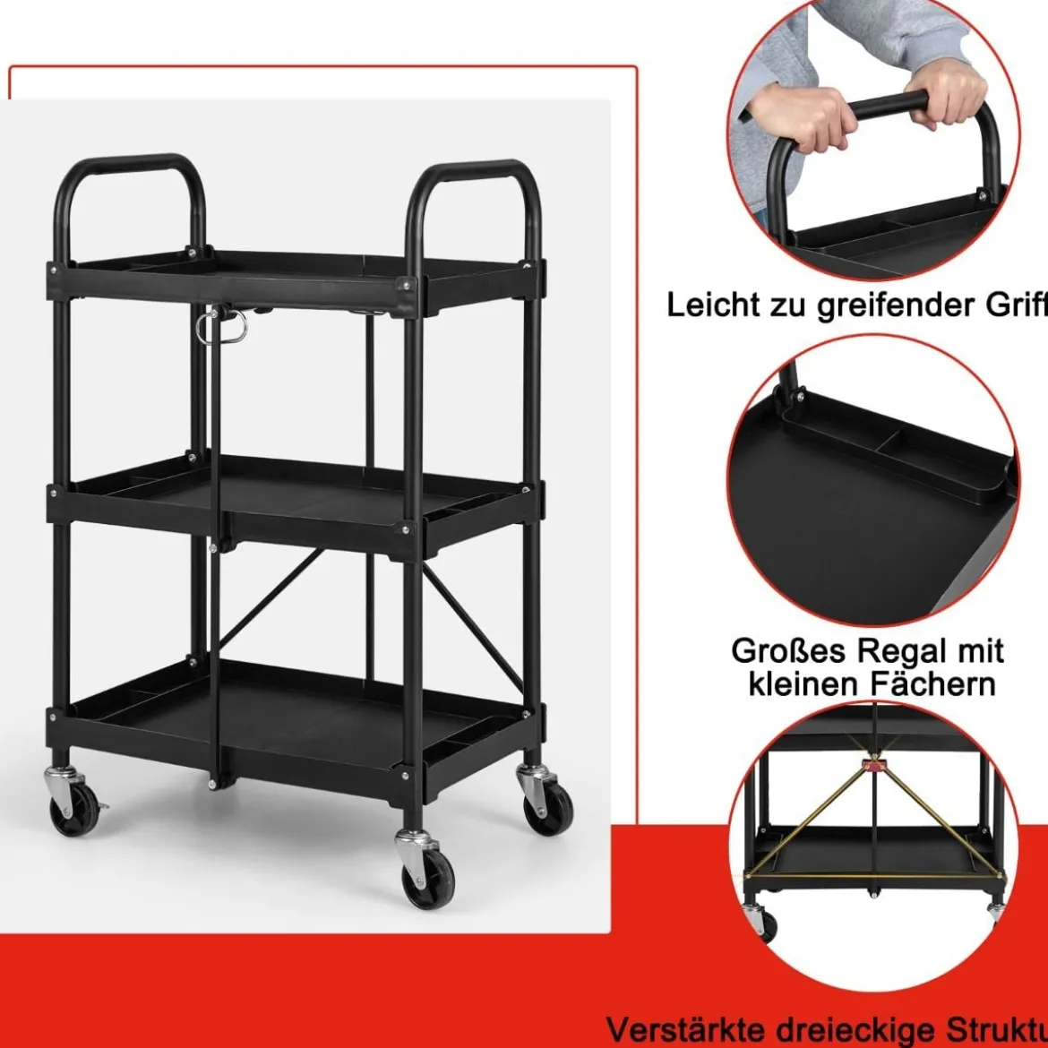 Werkzeugwagen 3 Etagen Klappbarer Rollwagen auf Rollen 61 x 44 x 96 cm Schwarz