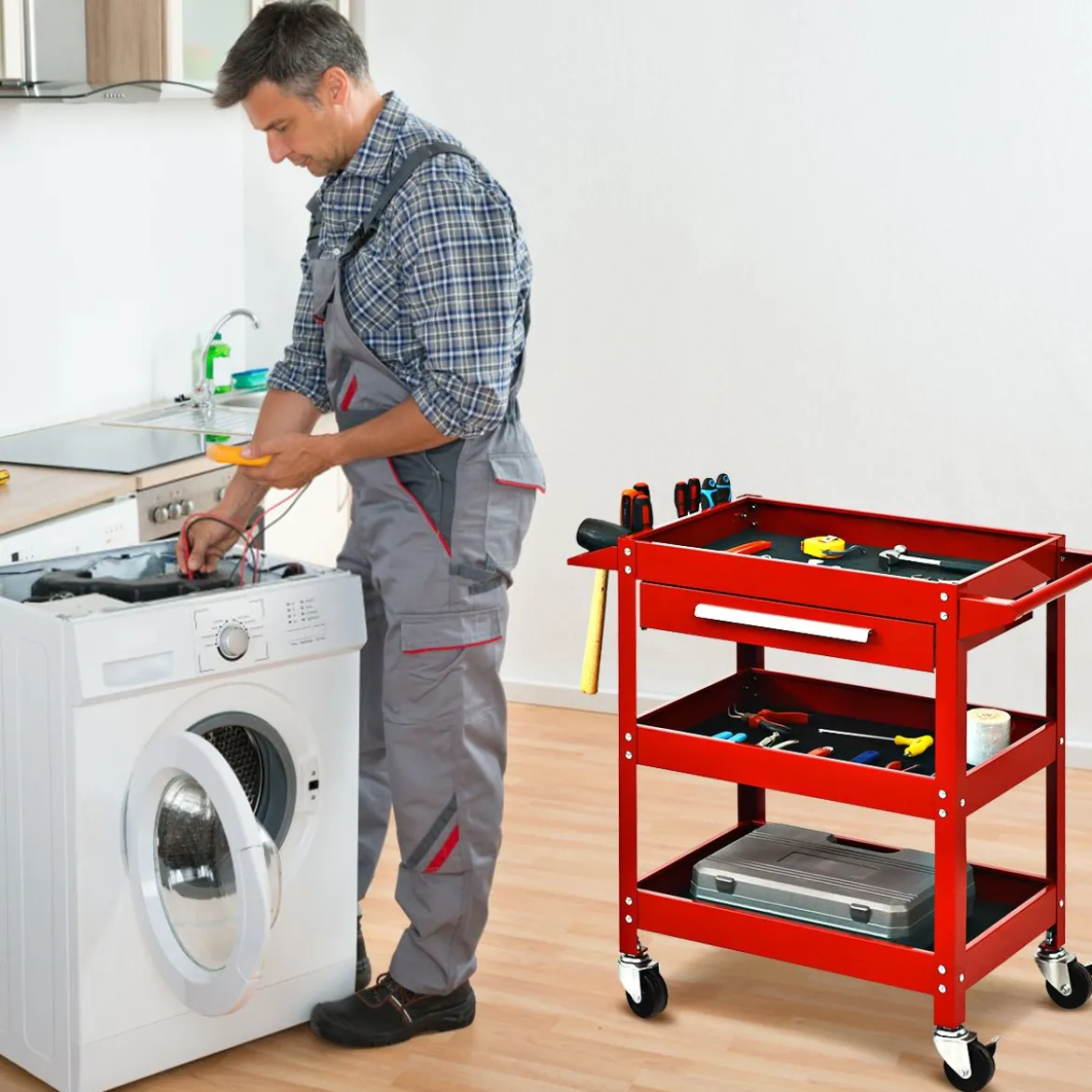 Werkzeugwagen 3 Etagen Werkstattwagen Handwagen mit Schublade Metall Rot80 x 41 x 79,5 cm