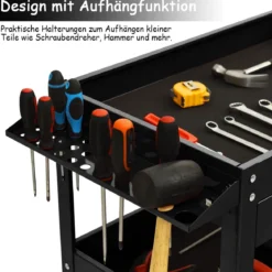 Werkzeugwagen mit Schublade & Seitlicher Werkzeugbank Werkstattwagen Handwagen Schwarz