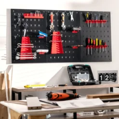 Werkzeugwand mit 25 hängende Zubehörteile Lagersystem Werkzeughaltersortiment 3 Lochplatten 120 x 60 cm