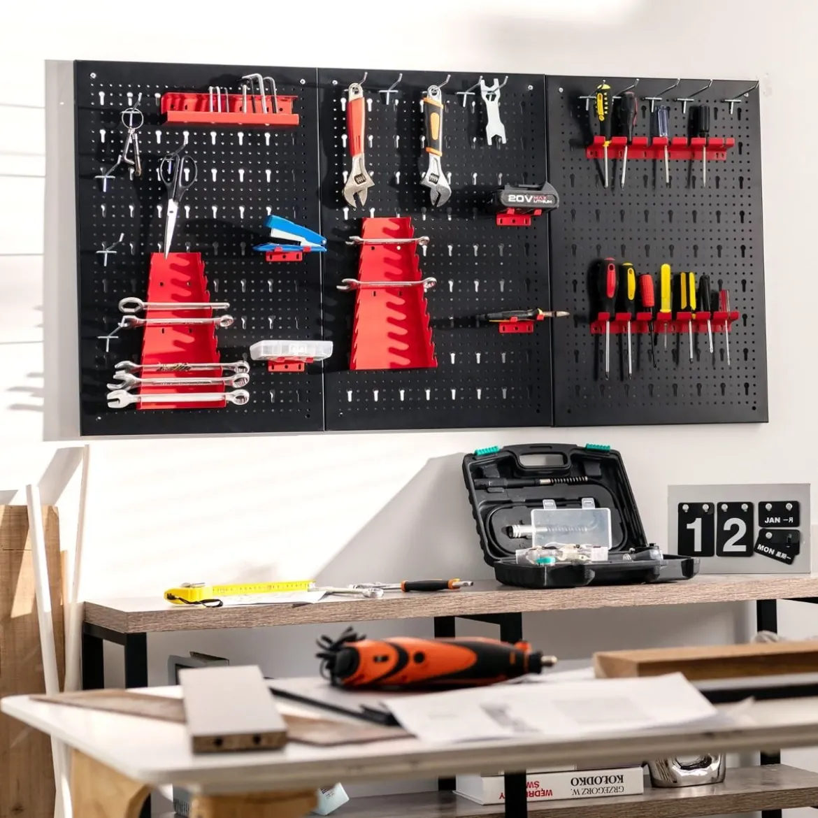 Werkzeugwand mit 25 hängende Zubehörteile Lagersystem Werkzeughaltersortiment 3 Lochplatten 120 x 60 cm