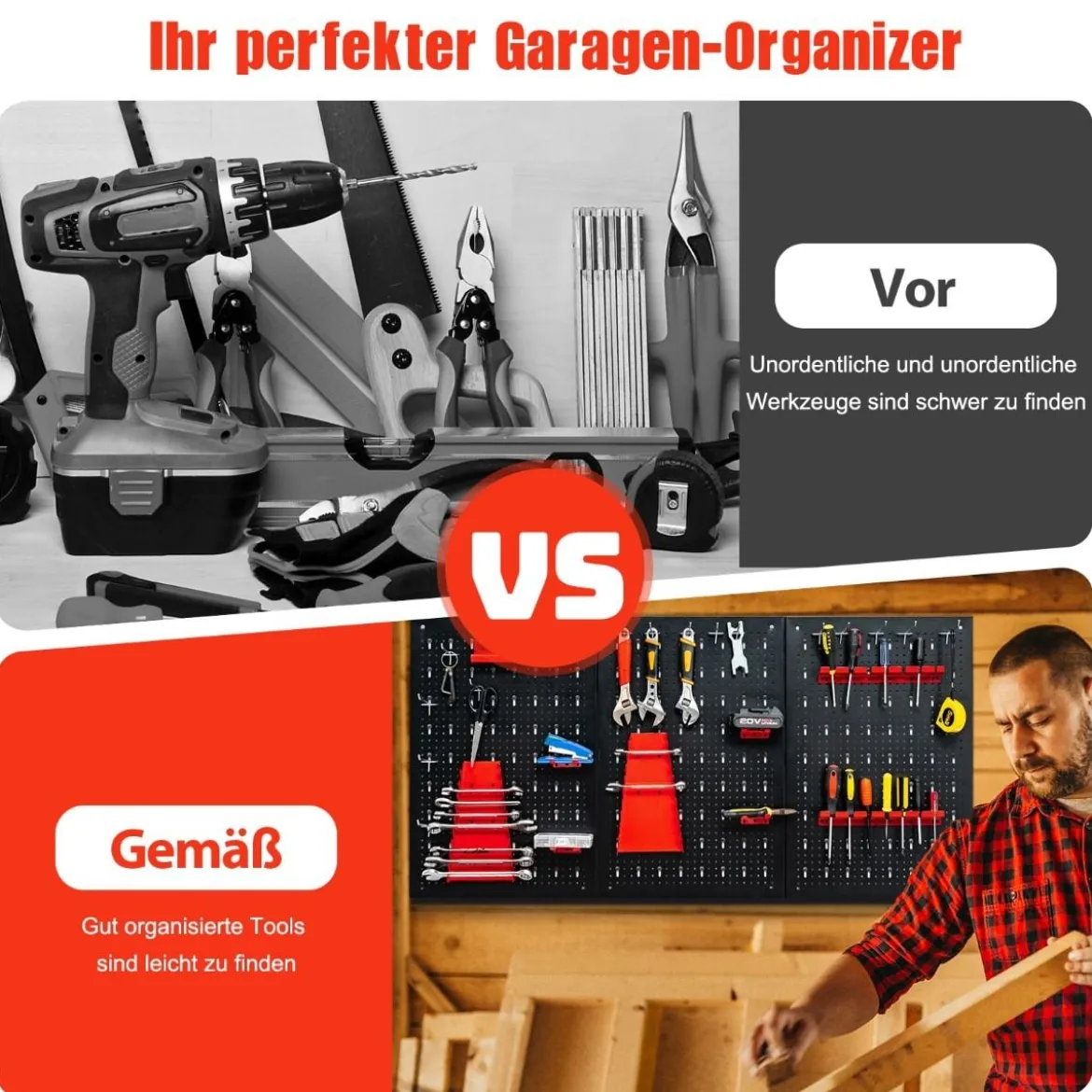 Werkzeugwand mit 25 hängende Zubehörteile Lagersystem Werkzeughaltersortiment 3 Lochplatten 120 x 60 cm