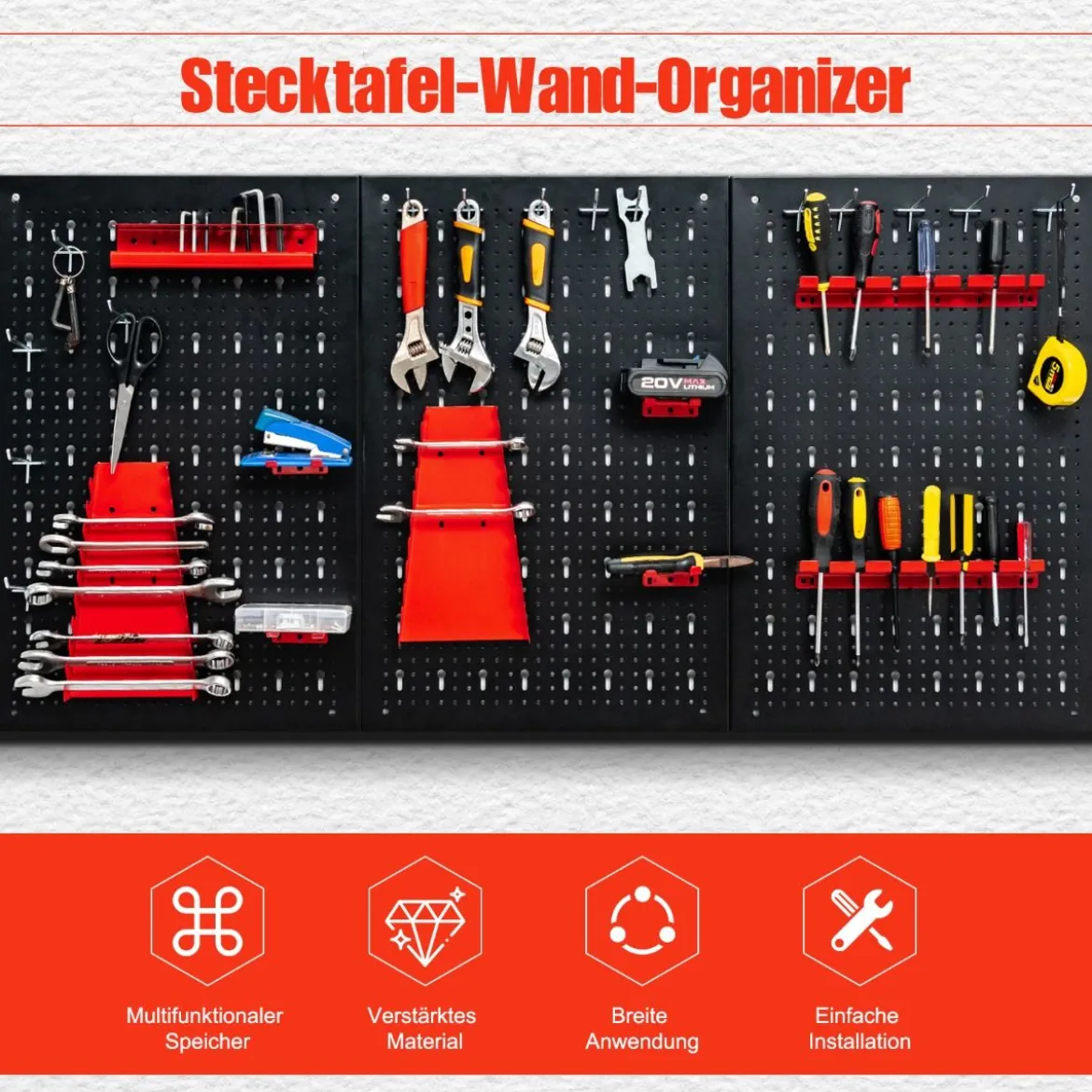 Werkzeugwand mit 25 hängende Zubehörteile Lagersystem Werkzeughaltersortiment 3 Lochplatten 120 x 60 cm