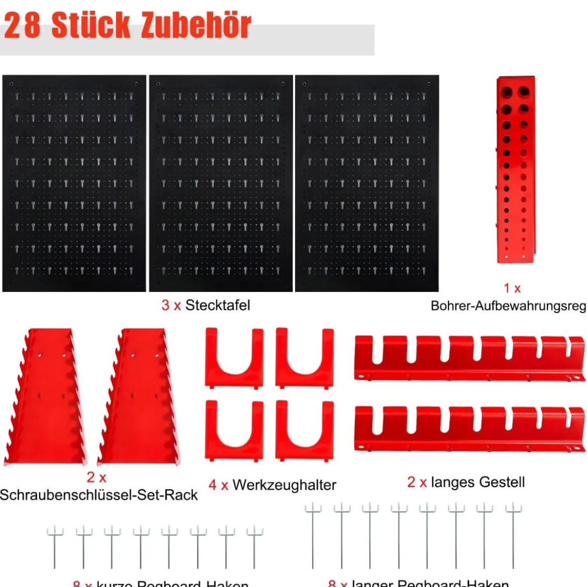 Werkzeugwand mit 25 hängende Zubehörteile Lagersystem Werkzeughaltersortiment 3 Lochplatten 120 x 60 cm