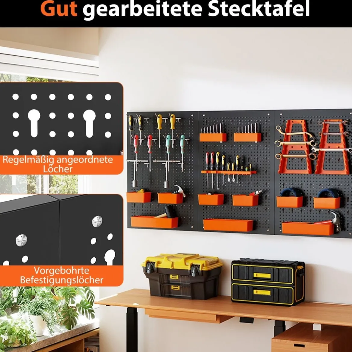 Werkzeugwand mit 9-teilige Aufbewahrungsboxen & Werkzeughaltern & Haken Lochwand