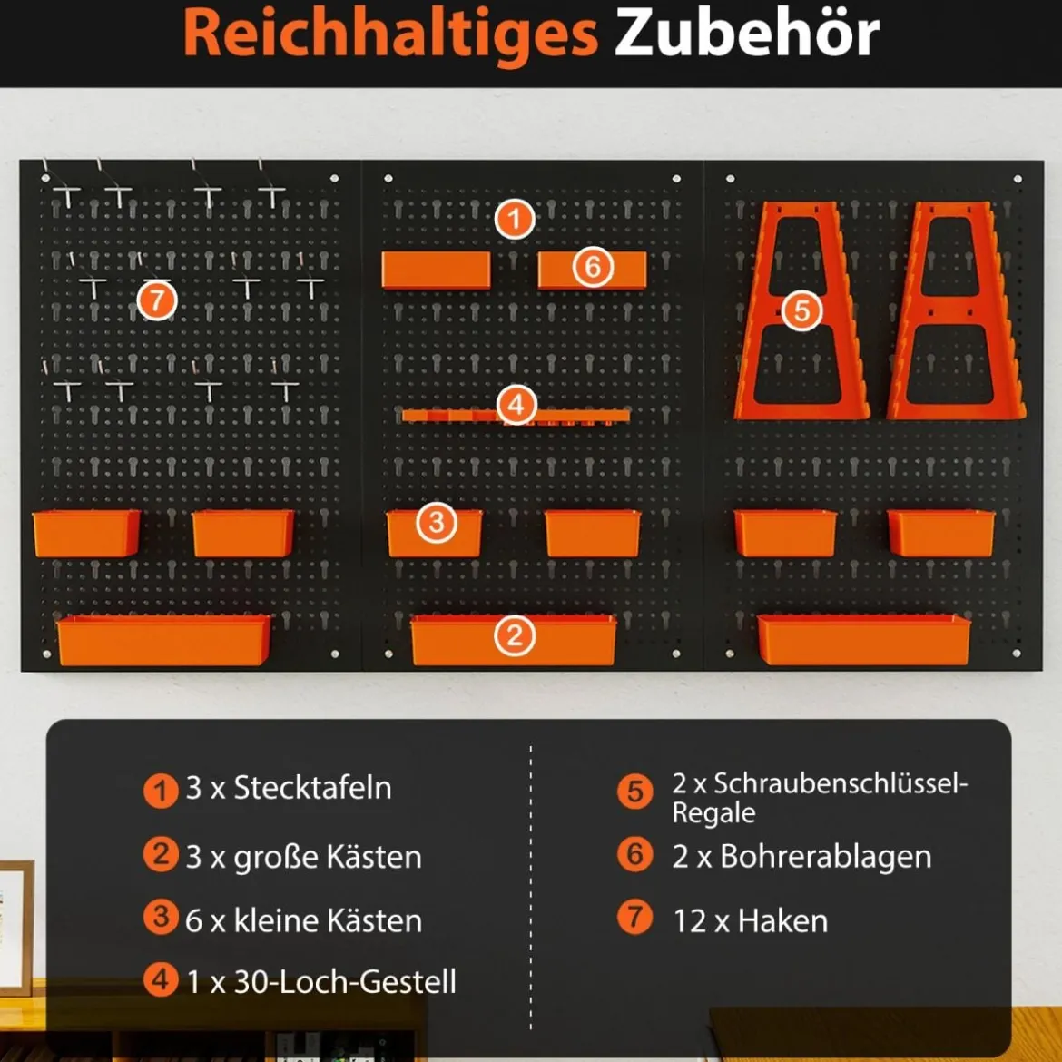 Werkzeugwand mit 9-teilige Aufbewahrungsboxen & Werkzeughaltern & Haken Lochwand